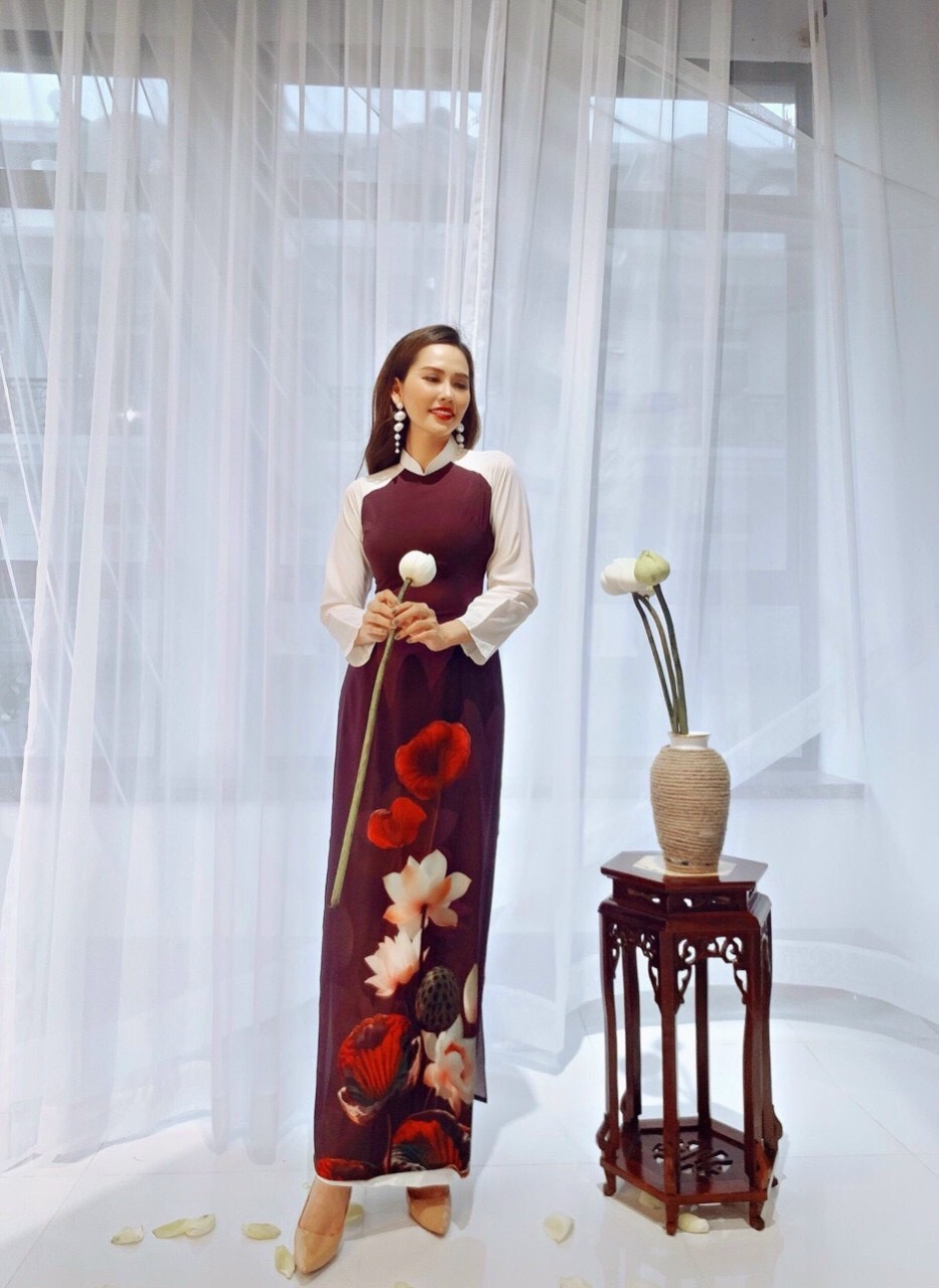 Set  Áo Dài Truyền Thống Hoạt Tiết Bông Sen - AL64